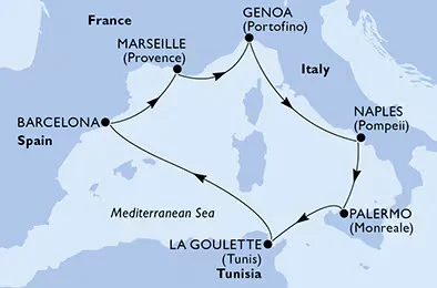 Tunis a Sicílie na MSC Euribia II.