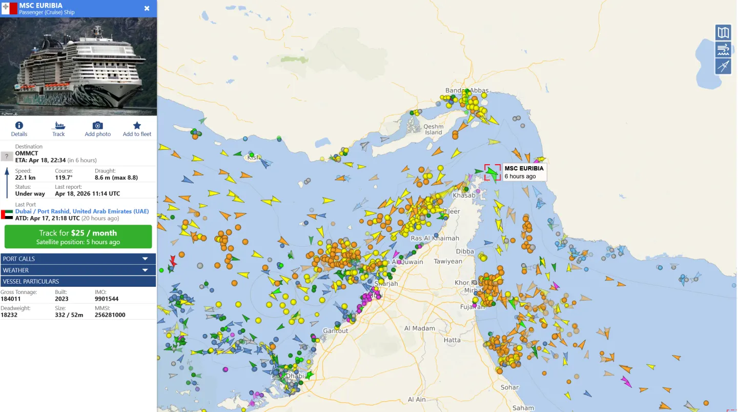 MSC Euribia przepłynęła przez Cieśninę Hormuz, rejsy po norweskich fiordach rozpoczną się 16 maja