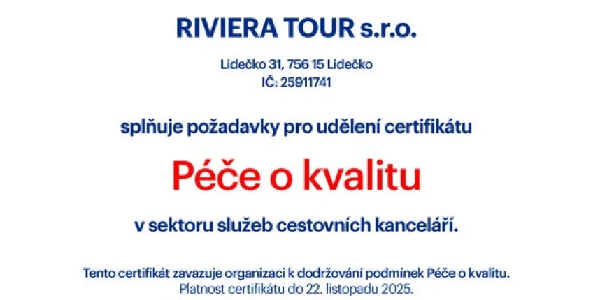 RIVIERA TOUR ZÍSKALA CERTIFIKACI Q