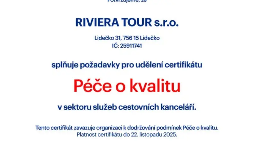 RIVIERA TOUR ZÍSKALA CERTIFIKACI Q